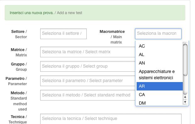 Macromatrice MACROMATRICE: sono state create delle matrici generiche sempre nell ottica di ridurre la proposta di prove ai laboratori tra cui scegliere AC Acque AL Alimenti, superfici,