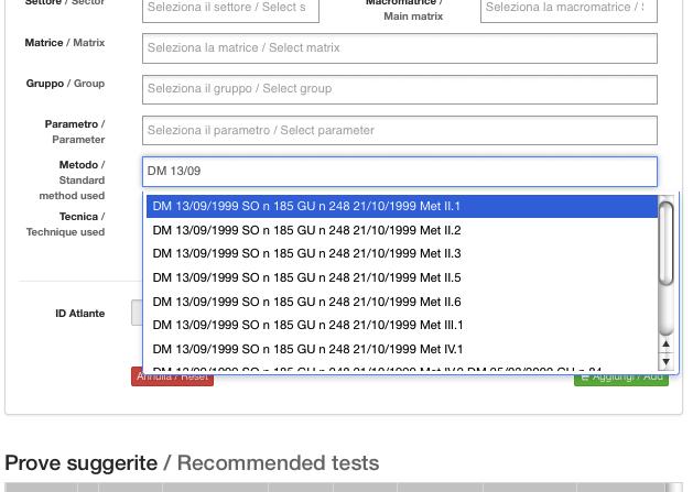 evidenziato il singolo metodo prescelto (es APAT CNR IRSA 2030 Man 29 2003).