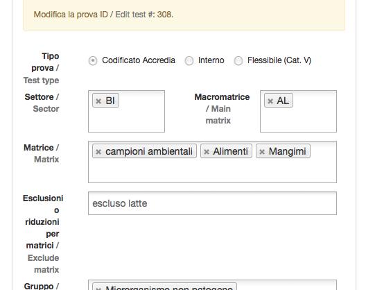 Modifica della prova MATRICI: In caso di più matrici, eliminare quelle per cui il laboratorio non intende chiedere l