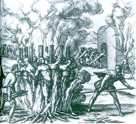 Le popolazioni precolombiane ed il loro genocidio Esecuzione di massa di Indios da parte degli Spagnoli.