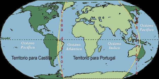 Con il Trattato di Tordesillas, del 1494, si stabilirono le due zone di sovranità coloniale: quella spagnola e quella portoghese.