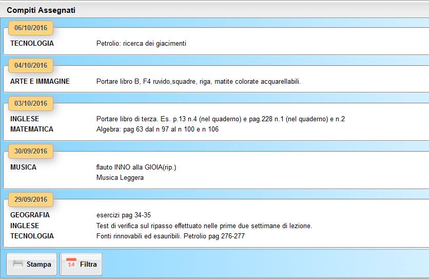 PANNELLO LATERALE: «SERVIZI CLASSE» L icona «Compiti assegnati» consente di visualizzare i compiti assegnati dagli insegnanti E possibile