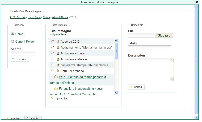 Una volta cliccato Upload file la finestra si modifica come segue: A questo punto, attraverso la funzione Sfoglia, è possibile navigare all interno del proprio PC, selezionare l immagine da inserire,