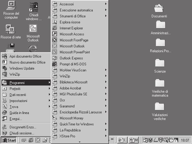 PULSANTE START Opuscolo Windows Cliccando sul pulsante Start apparirà un menu a tendina. Spostando il mouse su programmi apparirà un nuovo menu con una lista dei principali programmi presenti.
