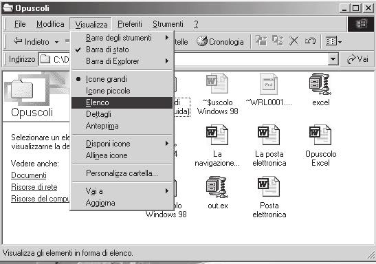 Le icone possono essere visualizzate grandi, piccole o come elenco. Per cambiare il modo di visione fai clic su visualizza, poi dal menu a tendina scegli. Puoi anche scegliere il pulsante visualizza.