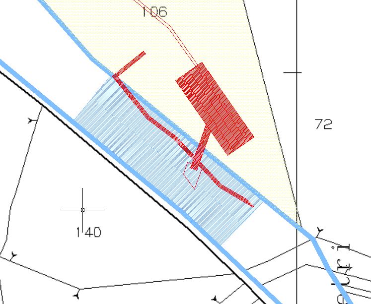 Figura 4 Edificio di centrale: estratto mappa catastale con indicate le opere in progetto (retino rosso), le