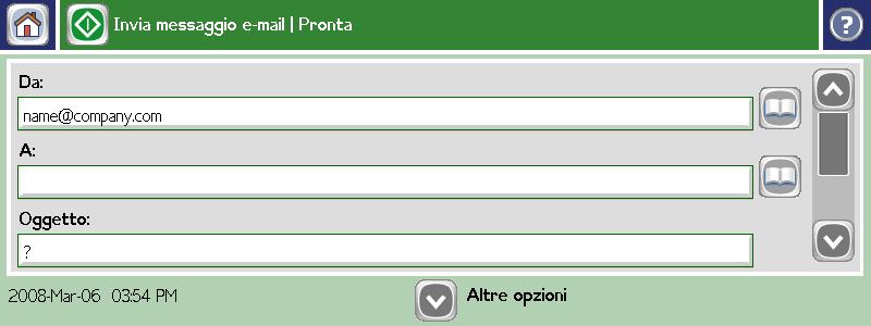 Toccare la freccia verso il basso accanto a A. Toccare Oggetto e digitare il testo. Toccare OK. Toccare E-mail.