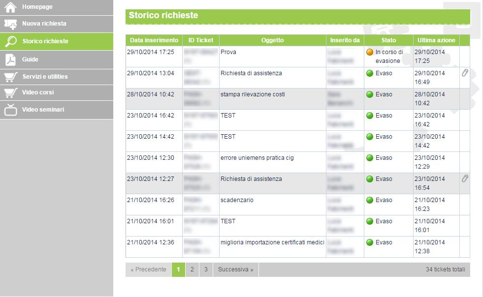 Nella pagina Storico richieste sono elencati in ordine cronologico, partendo dal più recente, tutti i