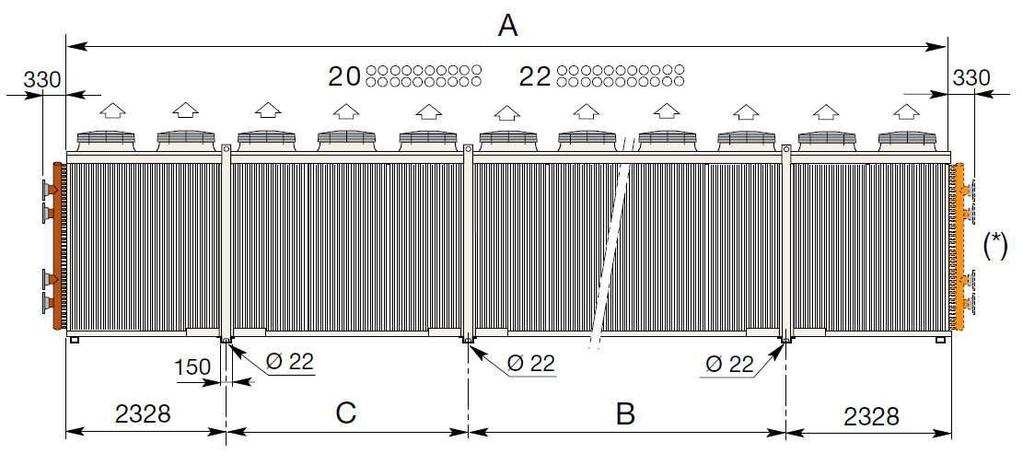 A titolo esemplificativo, la Figura 9 riporta lo schema del refrigeratore considerato. Figura 9 Schema del refrigeratore a secco (A=12,8 m; B=4,66 m; C=3,50 m).