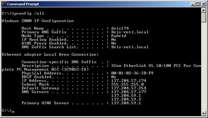 Comando IPCONFIG ipconfig /all visualizza la configurazione IP corrente di ciascuna interfaccia di rete presente nella macchina: indirizzo MAC