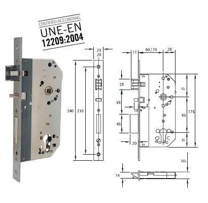 2UBO Serie Caratteristiche: Serratura ad incasso per porte in legno Certificata secondo la normativa UNE-EN 12209:2004 Reversibile, scrocco silenzioso in acciaio sinterizzato.