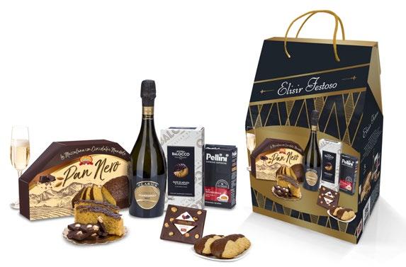 CONFEZIONI REGALO DA 14,29 a 28,55 049 Elisir Festoso Spumante Chardonnay brut clarius 75 cl Concilio Dolce tipico abruzzese Pan Nero 400 g