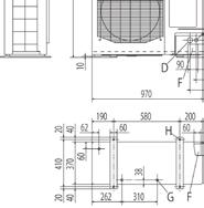 Foro per il cavo estraibile (anteriore - lato) ø 45 x 2 fori E Foro per il cavo estraibile (posteriore) ø 50 F Tubo / cavo di foro estraibile 4 fori G Scarico condensa ø 20 x 3 fori H Foro bulloni di