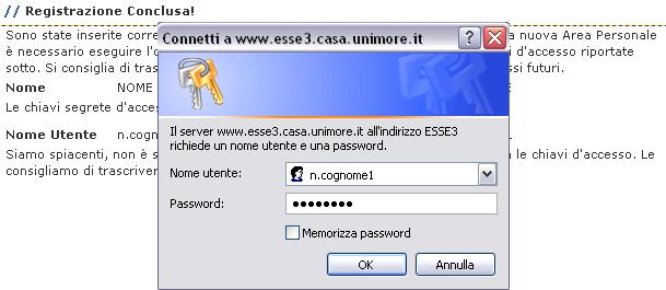 Fig. 7 Finestra di fine registrazione e Login Clicca ed inserisci nei campi Nome Utente e Password il Nome Utente e la Password appena rilasciate (Fig. 8). Fig.