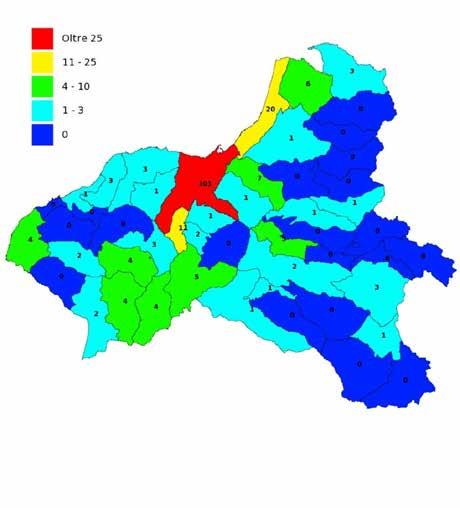 L analisi dei dati comunali di incidentalità evidenzia il primato del territorio ricadente nel Comune di Vibo Valentia (con 11 sinistri che rappresenta il 49.