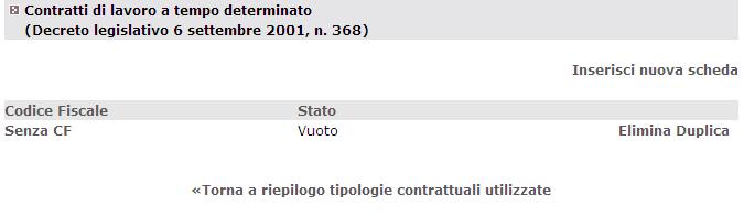 Qualora la scheda non venisse salvata, sul pannello di controllo relativo alla tipologia di contratto in esame comparirà la seguente situazione.