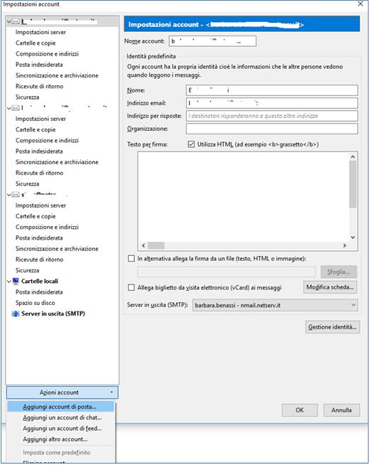 Aggiungi account di posta fra le opzioni selezionabili in Azioni account Nelle impostazioni del