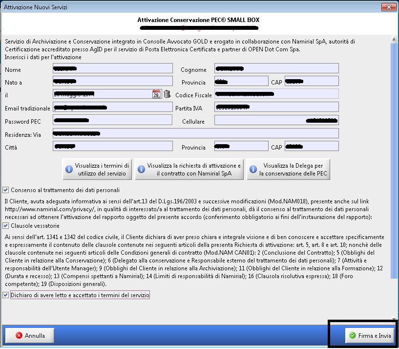 dati richiesti (tutti i dati sono obbligatori), visualizzare i contratti, quindi