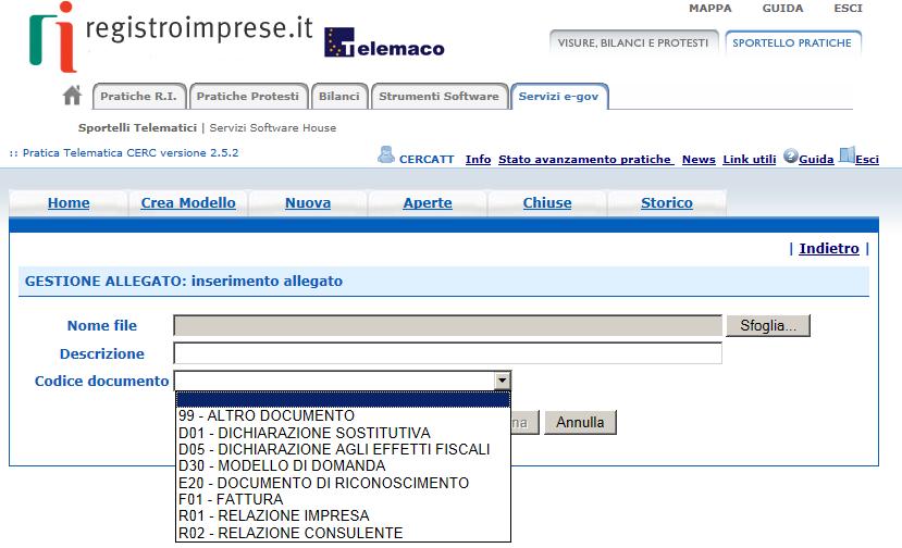 file", ma modificabile); - selezionare il CODICE DOCUMENTO (le tipologie e i corrispondenti codici dei documenti allegati sono descritti nella Figura 22); - al