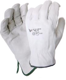 guanti da lavoro "vega" art.g148ex qualità extra in pelle fiore bovino colore bianco CE EN388 (2142) bordo colore verde, forniti con cartoncino appendibile.