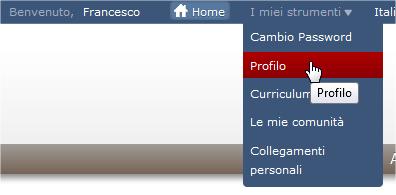 Il profilo La pagina del profilo è raggiungibile tramite la barra dei menu in alto ed è costituta da due tab, nel primo sono riassunti tutti i campi del profilo (nella registrazione vengono richiesti