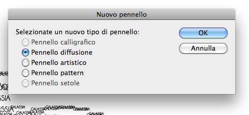 Lasciate su "Pennello diffusione" e fate un tratto di prova. Con il tratto selezionato cliccando nella palette dei pennelli sull iconcina "Opzioni oggetto selezionato" potete settare le varie opzioni.