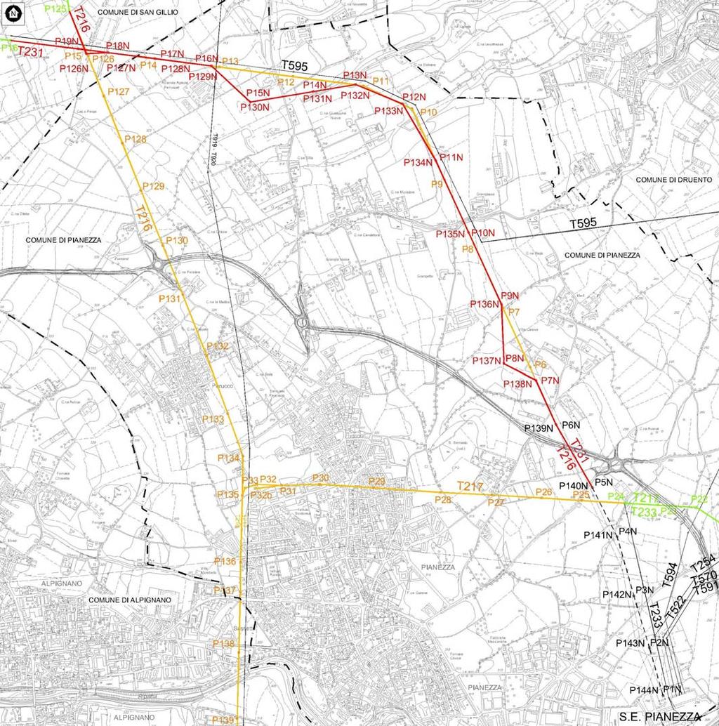 Rev. 00 Pag. 7 di 30 Figura 3.2 - Opere in progetto: tratti in demolizione in giallo, tratti di nuova realizzazione in rosso Nell attuale assetto degli ingressi alla S.E. Pianezza la linea T.