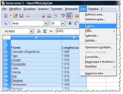 Ordinamento dei dati - A) Per ordinare dei dati alfanumerici è necessario prima selezionare le celle