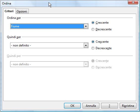Ordinamento dei dati - B) Nella finestra di ordinamento è possibile decidere quale colonna scegliere per l