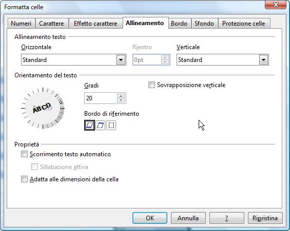 Formatta celle: la scheda Allineamento Nella scheda Allineamento è possibile definire l allineamento dei dati all interno delle celle selezionate, oltre all orientamento.