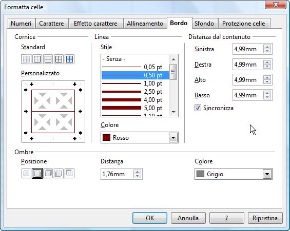 Formatta celle: la scheda Bordo Nella scheda Bordo è possibile definire una cornice e il relativo stile,