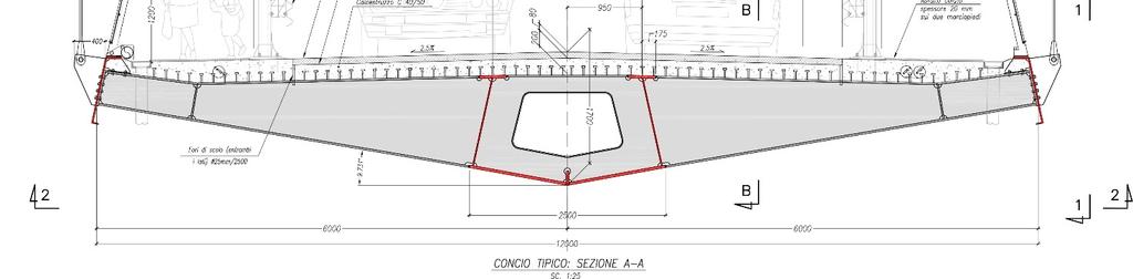 Sezione trasversale impalcato Dettaglio ancoraggio pendini L impalcato è incastrato in corrispondenza della spalla SP1, vincolato al traverso in corrispondenza dell antenna P1 in direzione