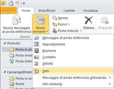 4. Invio SMS Avviare Microsoft Outlook. Aprire in "Home" - "Nuovi elementi" - "SMS".