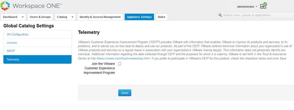 Partecipazione o abbandono del programma CEIP per VMware Identity Manager Questo prodotto partecipa al Programma di Miglioramento dell'esperienza del Cliente ("CEIP") di VMware.
