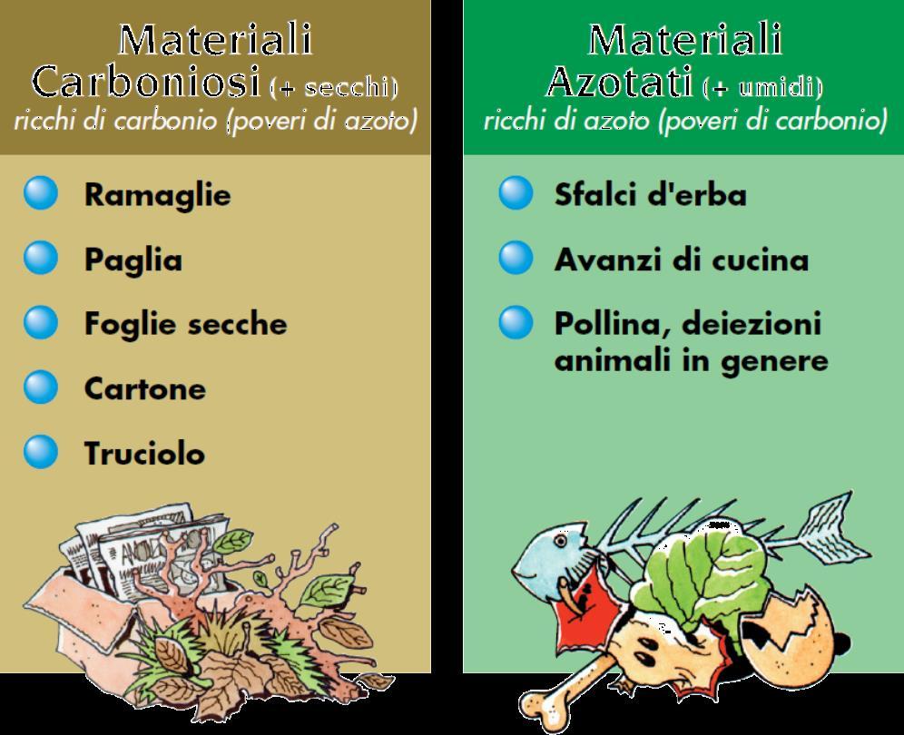 Le 5 regole «d oro» del compostaggio 3 regola: buona miscelazione, porosità, acqua e azoto Un modo semplice per garantire un buon equilibrio è quello di miscelare sempre gli scarti più umidi con