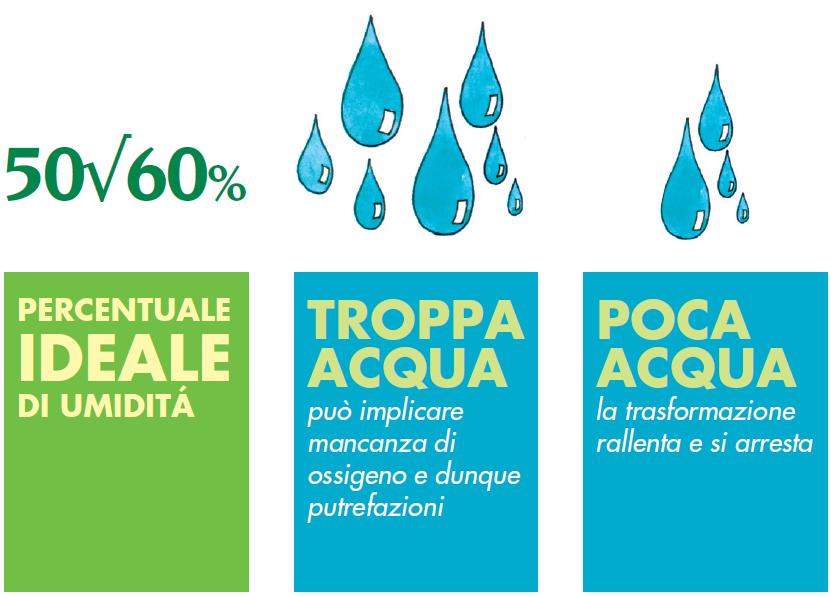 Le 5 regole «d oro» del compostaggio 5 regola: la giusta umidità L umidità deve essere sufficiente a permettere lo svolgimento delle attività microbiche, ma non eccessiva, il suo ristagno determina