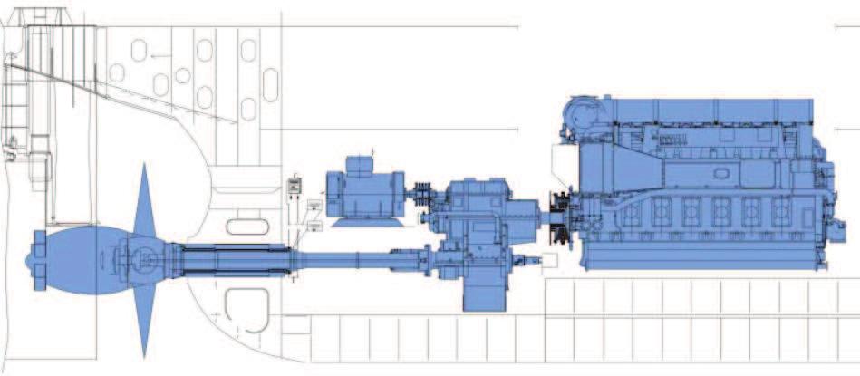 Motori diesel 4T Generazione di potenza elettrica ausiliaria La figura mostra un impianto propulsivo con il riduttore dotato