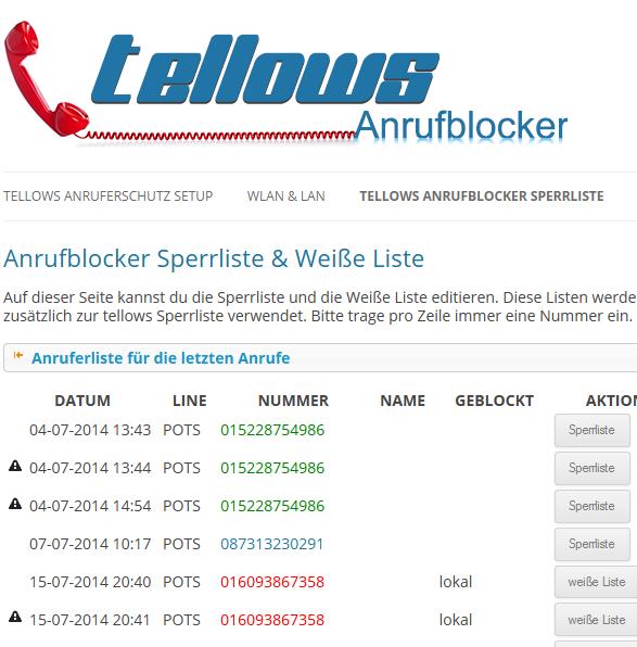 3.2.1 Lista chiamate bloccate tellows. In questa pagina vengono elencate tutte le chiamate ricevute. Cliccando sul rispettivo numero si arriva al sito web di tellows.