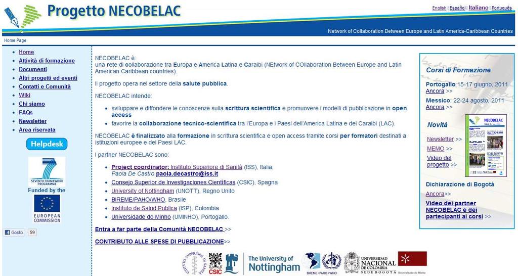 Strategie di comunicazione NECOBELAC sito web Quattro lingue Lista di discussione Newsletter mensile Contatti diretti tra i partner e la