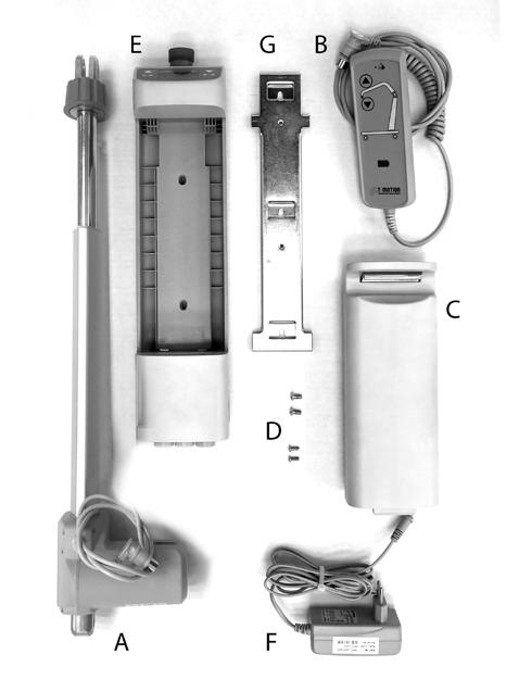 1 Adattatore caricabatteria G - n.1 Supporto centralina 7.4 KIT elettrico TiMOTION - RI710 (180 KG) A B C D E F G - n.