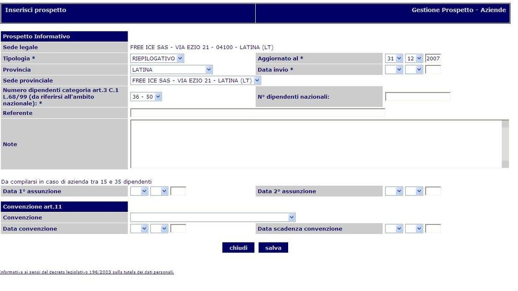 Altro NOTA: al fine di facilitarne la compilazione, all inserimento di un nuovo prospetto informativo se ne erano già presenti di anni precedenti, la maschera d inserimento del nuovo prospetto verrà