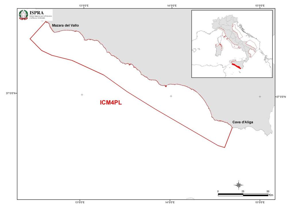 Area ICM4PL (da Mazara del Vallo a Cava d Aliga) L area è compresa tra la linea di costa (tra Mazara del Vallo a Cava d Aliga) e il limite delle acque territoriali e include un area di circa 5795 km