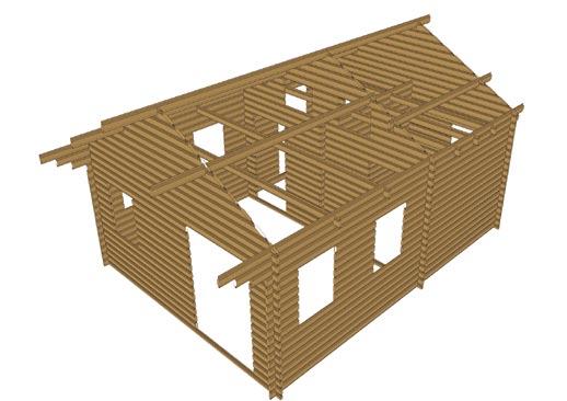 La gronda del tetto percorre i quattro lati della struttura. Sporgenza tetto 0,8 m oppia porta e finestre.
