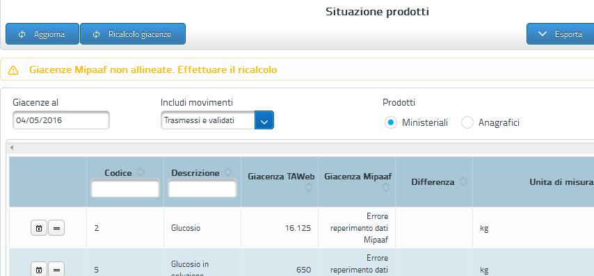 Potrebbe capitare che in pagina sia presente un messaggio di avviso Giacenze non allineate, oppure che nella colonna Giacenza Mipaaf sia indicato un messaggio di errore.