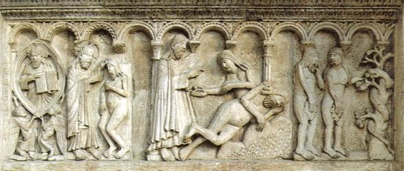 La creazione di Adamo, Wiligelmo. Rilievo della facciata del Duomo di Modena.