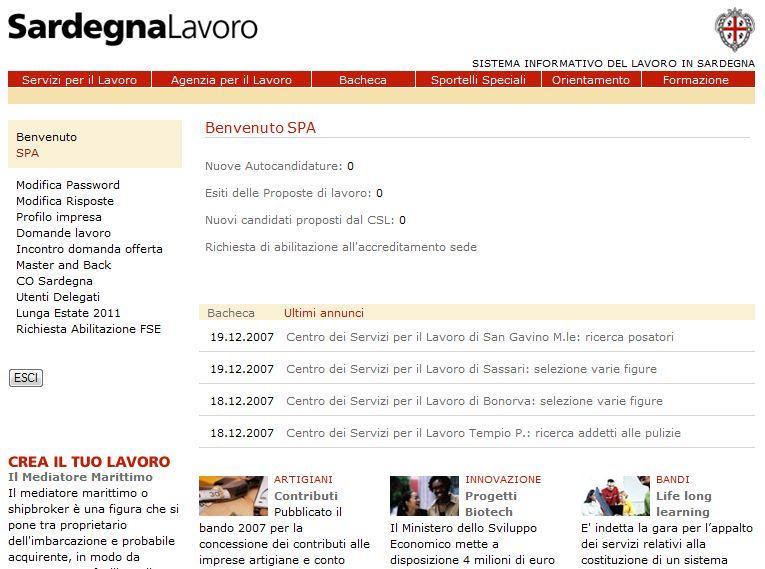 Figura 2: Link CO Sardegna Alla selezione del pulsante di Login (cfr. Figura 1), il sistema visualizza la pagina personale del Datore di Lavoro/Soggetto Abilitato d interesse.