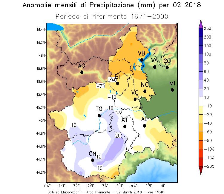 Figura 11 - Anomalia della precipitazione mensile di febbraio 2018 rispetto alla norma del periodo 1971-2000. Elaborazione ARPA Piemonte.