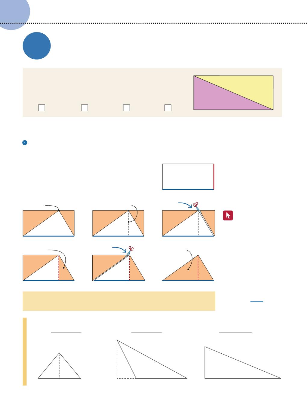 T CPITOLO Le aree 7 rea ei triangoli PRIM DI COMINCIRE Un rettangolo è formato a ue triangoli rettangoli uguali. L area i ogni triangolo è i 6 m.