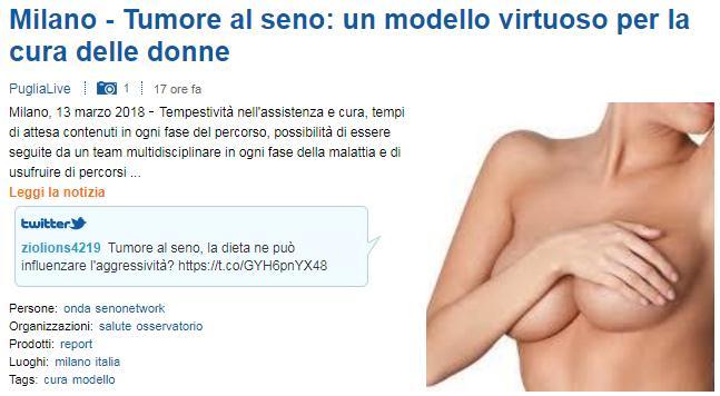 13 marzo 2018 Puglia Live Milano - Tumore al seno: un modello virtuoso per la cura delle donne 13/03/2018 Analisi e esami entro 1 settimana, 8 giorni per definire le cure, 3 settimane per l