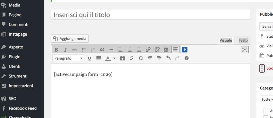 Utilizzo Form AC nei post Grazie al plugin è possibile inserire direttamente il form